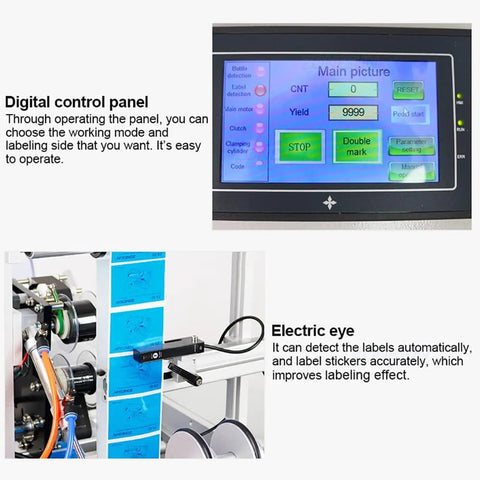 Digital control panel and electric eye of Straight Shooter Automatic Round Bottle Labeling Machine For Glass Plastic Containers Double Side Sticker Applicator.
