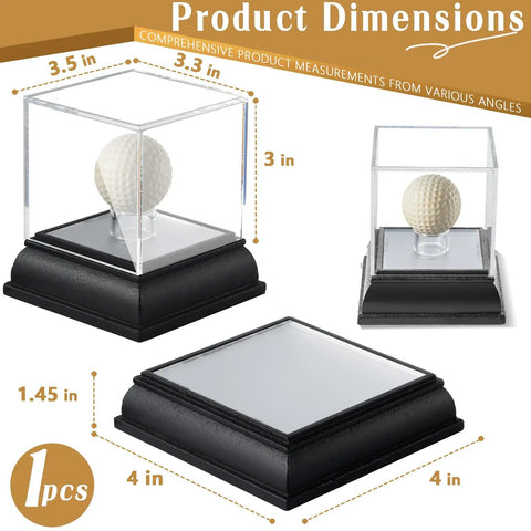 Lighted Golf Ball Display Case With UV Protected Clear Acrylic Cube And Wood Base For One Ball shown with dimensions