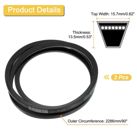 2 Pack 5V900 Wrapped Rubber V Belts For Industrial Machinery, Classic 90 Inch Outside Circumference, 0.62 Inch Width, 0.53 Inch Height, Durable Heat Resistant Black Belts. black V-belt set with 90in circumference and 0.62in top width