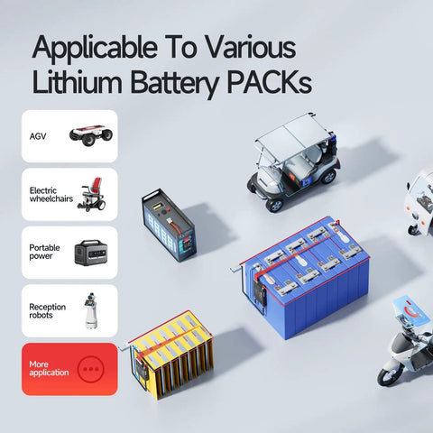 Various lithium battery packs used in AGVs, electric wheelchairs, and portable power sources for e bikes and trikes.