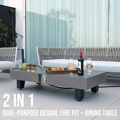 54 Inch Propane Fire Pit Table With Rain Cover For Outdoor Patio Backyard Or Deck 50 000 BTU Gas Heater Rectangular Modern Wood Look Fire Pit Durable Stainless Steel Burner Bowl Effortless Setup And Use shown on patio with chairs