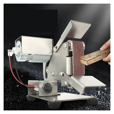 Compact Mini Belt Grinding Machine Tool Sharpening Sander Electric Polisher for Desktop with wood being sanded.