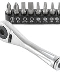 Dual Drive 1/4-Inch Ratchet And 1/4-Inch Bit Holder, 72-Tooth Micro Ratchet with bits on white background
