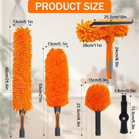 All In One High Ceiling Duster Replacement Heads Kit Fits Standard Threaded Poles With Swivel Joint For Easy Dusting Cobweb Cleaner Ceiling Fan Dust Brush Window Squeegee Microfiber Feather Duster Head No Fuss Quick Change Design, size chart