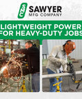 Two welders using Heavy Duty Pipe Beveling Machine Featuring Quick Set Cutting Heads on steel pipes in a workshop.