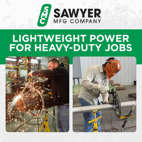 Two welders using Heavy Duty Pipe Beveling Machine Featuring Quick Set Cutting Heads on steel pipes in a workshop.