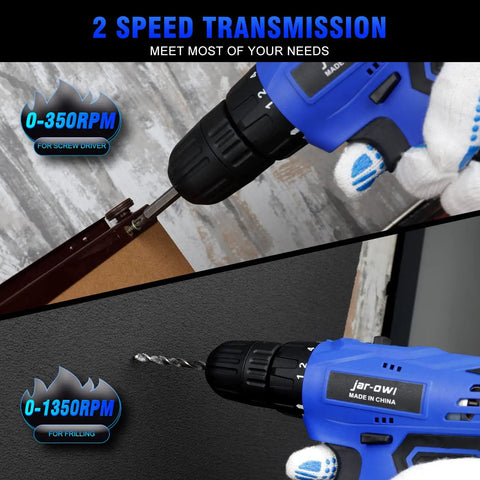 21V Cordless Drill Kit With 350 In-Lb Torque And 0-1350 RPM Variable Speed used on wood and metal with 10mm Keyless Chuck