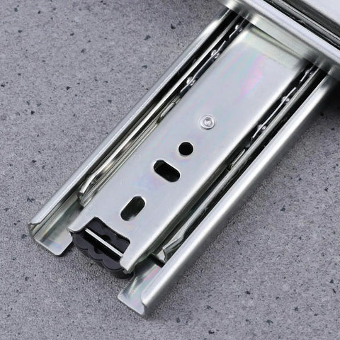 Heavy Duty Telescopic Drawer Slides Featuring Premium Steel Ball Bearings For Slick Smooth Operation Built Tough For Quiet Undermount Cabinet Gliding Real Easy Install close-up of steel glide mechanism