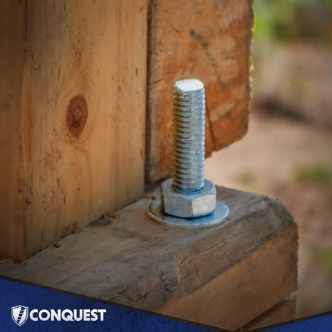 Hot Dip Galvanized 1-1/4 Inch Threaded Rod, 7 TPI Coarse UNC, 36 Inches, installed with nuts and washers in wood, outdoor use
