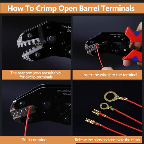 Instructional use of 6 In 1 Wire Crimping Tool For Non-Insulated Open Barrel Terminals, AWG 28-16 Crimper Pliers compatible with connectors
