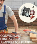 Dead On Precision Router Lift Kit For Woodworking Tables Featuring Rust Proof Aluminum Insert Plate And No Sweat Adjustment Dial For Quick Shop Makeovers next to wooden materials.
