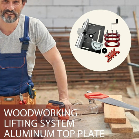 Dead On Precision Router Lift Kit For Woodworking Tables Featuring Rust Proof Aluminum Insert Plate And No Sweat Adjustment Dial For Quick Shop Makeovers next to wooden materials.