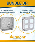 4 Inch Square Electrical Box And 2 Gang Duplex Receptacle Exposed Work Cover Pack with crushed corners, shown front view