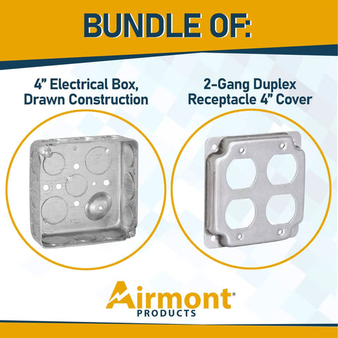 4 Inch Square Electrical Box And 2 Gang Duplex Receptacle Exposed Work Cover Pack with crushed corners, shown front view