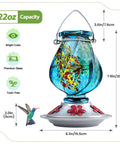 Hand Blown Glass Hummingbird Feeder With Ant Moat And Bee Proof Ports For Outdoor Hanging Leak Proof 360 Degree Perch 22 Ounce Blue