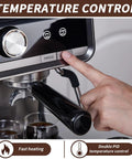 Close-up of control panel on Straight Up Pro Grade 20 Bar Espresso Machine Packs Adjustable Conical Burr Grinder.