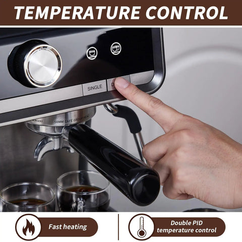 Close-up of control panel on Straight Up Pro Grade 20 Bar Espresso Machine Packs Adjustable Conical Burr Grinder.