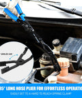 35 Degree Angled Long Hose Clamp Pliers With Locking Mechanism Extra Long Reach shown in use in tight engine space