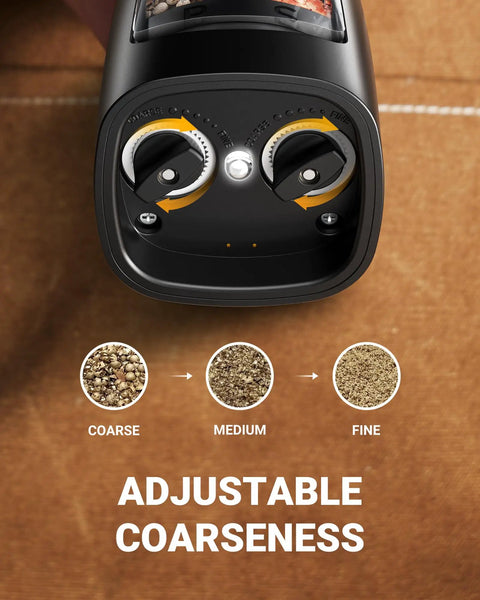Close-up of adjustable coarseness dial on 2 In 1 Rechargeable Salt And Pepper Grinder Set With USB C Charging Base One Handed Automatic Grinders