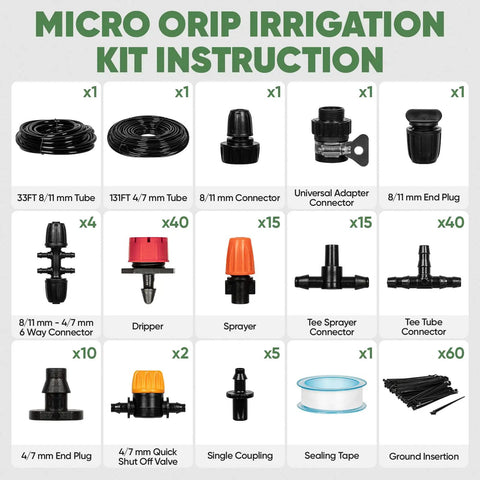 164Ft Drip Irrigation Kit With Quick Connect Valves For Raised Beds Veggie Gardens And Pots Auto Watering System Includes Tubing, Emitters, Fittings, and Stakes