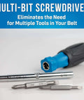 Multi-bit screwdriver with interchangeable tips and ergonomic handle, labeled 'Eliminates the Need for Multiple Tools in Your Belt'.