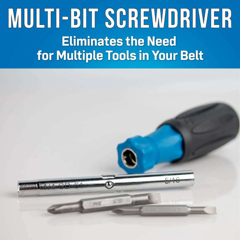 Multi-bit screwdriver with interchangeable tips and ergonomic handle, labeled 'Eliminates the Need for Multiple Tools in Your Belt'.