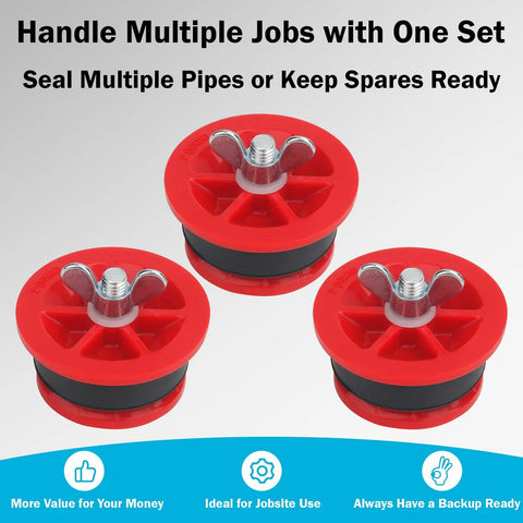 Pro Grade 2 Inch IPS Mechanical Test Plug Kit, Heavy Duty Expansion DWV Pipe Seal for Plumbing Pressure Testing and Temporary Drain Sealing, Reusable, 3 Pack, red