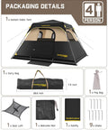Packaging contents of 4 Person Instant Cabin Tent That Pops Up in 60 Seconds with Rainfly and Windproof Design.
