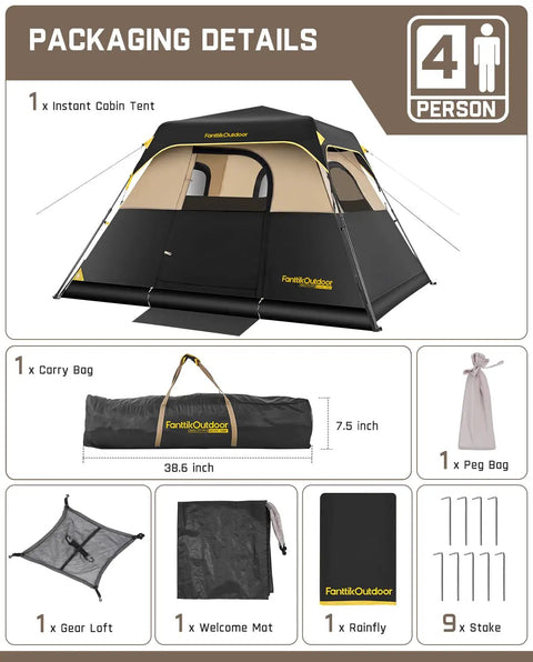 Packaging contents of 4 Person Instant Cabin Tent That Pops Up in 60 Seconds with Rainfly and Windproof Design.