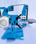 Pro Grade 1100 Watt Brushless Belt Sander With Vertical And Horizontal Adjustments featuring blue steel chassis and motor, ideal for woodworking.