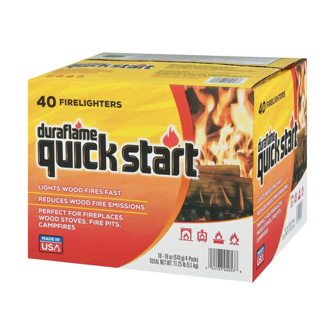 Duraflame Quick Start 40 Firelighters box for easy ignition in fireplaces, grills, fire pits. Instant Start Firelighters 40 Count Case For Easy Ignition In Fireplaces Grills And Fire Pits No Mess Clean Burn For Camping And Outdoor Cooking All Season Ready.
