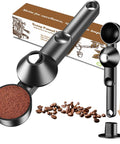 One-Handed Scoop With Funnel For Ground Coffee Protein Powder And Tea, 2 Tbsp Mess Free Pour, Spill Proof Funnel Keeps Spills In Check, Reusable K Cup Refiller Compatible, Black, 1 Pack, shown with coffee grounds and beans