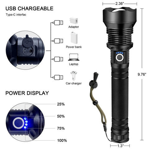 Beast Mode 90,000 Lumen Rechargeable LED Flashlight With Zoomable Beam And 10 Modes, Waterproof Tactical Torch's USB charge port and power levels display.