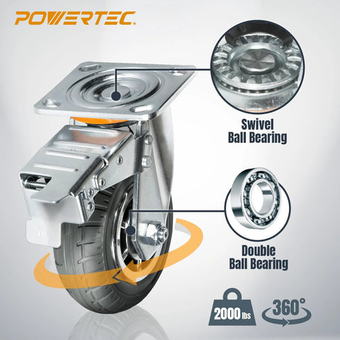8-Inch Heavy Duty Caster Wheels Set Of 4 With Dual Locking Brakes Non-Pneumatic Polypropylene Tire, close-up showing swivel and ball bearings.