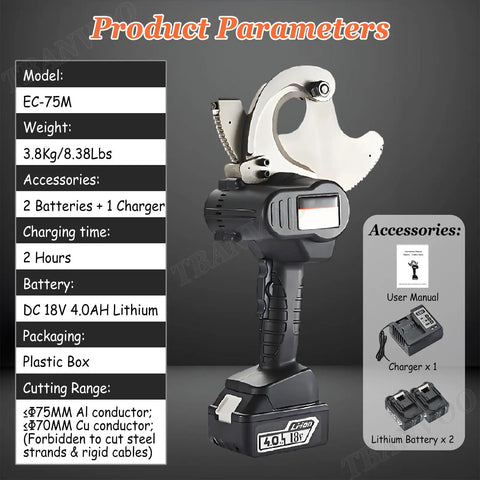 Cordless 18V Electric Hydraulic Ratchet Cable Cutter For Copper Aluminum And ACSR Wires with accessories and battery