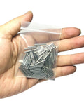 Heavy Duty 304 Stainless Steel Dowel Pins 2Mm X 18Mm Precision Ground Metal Shelf Pegs 110 Pack in a clear bag held in hand.