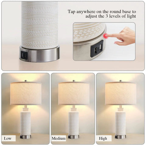 Set of 2 Modern Touch Table Lamps for Living Room and Bedroom, 3-Way Dimmable Nightstand Lamps with 2 USB Ports, LED Bulbs Included