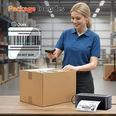No Fuss Compact Wireless Thermal Label Printer For Quick Shipping And Packing 4X6 Sticker Generator With Bluetooth Pairing in an office setting.