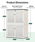 65 Cu Ft Outdoor Storage Shed With Lockable Doors, vertical white resin shed with detailed product dimensions shown