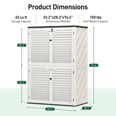 65 Cu Ft Outdoor Storage Shed With Lockable Doors, vertical white resin shed with detailed product dimensions shown