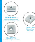 Top Shelf Heavy Duty M3 T Slot Nuts 50 Pack 2020 Profile Sliding T Nuts For Aluminum Extrusion Rails Carbon Steel Nickel Plated Rust Resistant Hardware For 3D Printers showing a galvanized carbon steel T nut.