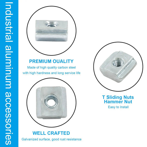 Top Shelf Heavy Duty M3 T Slot Nuts 50 Pack 2020 Profile Sliding T Nuts For Aluminum Extrusion Rails Carbon Steel Nickel Plated Rust Resistant Hardware For 3D Printers showing a galvanized carbon steel T nut.