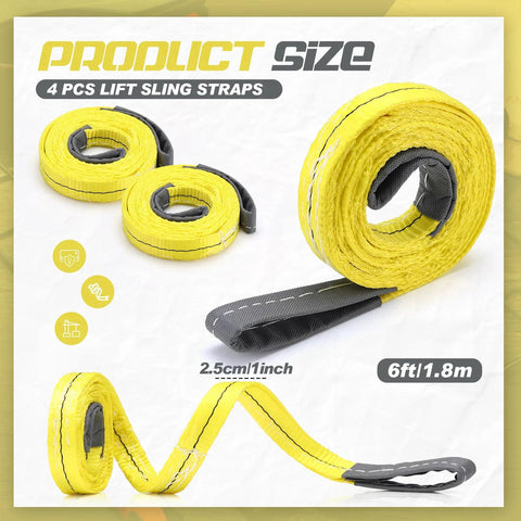 Front view of four Vincreem lifting sling straps, yellow 1 in x 6 ft, heavy-duty polyester for hoist