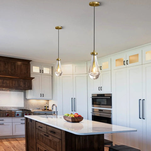Kitchen island with Brass Raindrop Pendant Light Fixture For Kitchen Island And Dining Room, Glass Drop Chandelier, E12 LED Bulb Included