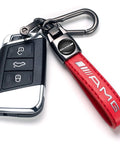 Premium Genuine Leather Keychain For Mercedes Benz Amg with black key fob and red leather strap featuring AMG logo.