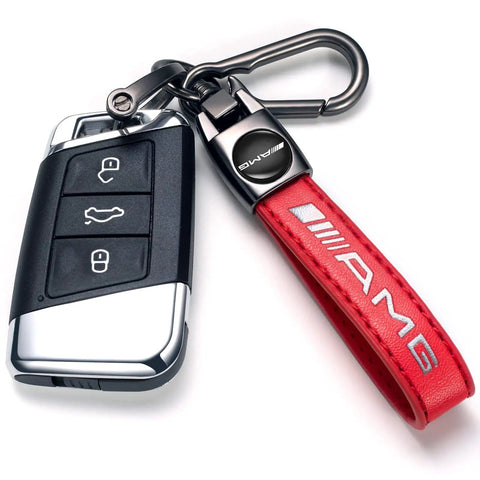 Premium Genuine Leather Keychain For Mercedes Benz Amg with black key fob and red leather strap featuring AMG logo.