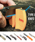Two Step Knife Sharpener With Coarse And Fine Slots, yellow handheld tool sharpening a pocket knife outdoors