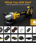RhovixStar cordless brushless angle grinder, 3/8 in, Makita 18V battery compatible; yellow/black with accessories.