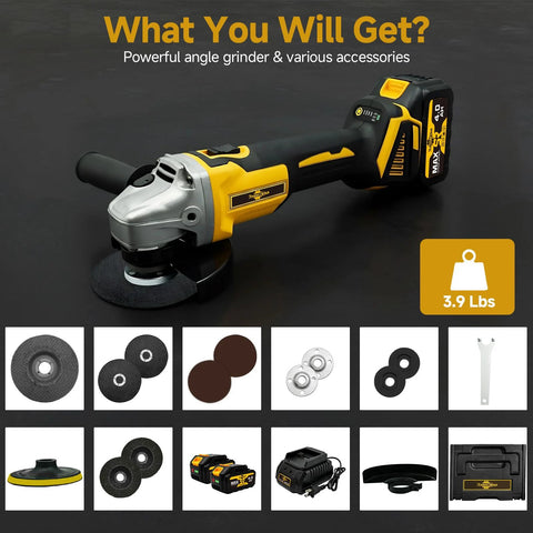 RhovixStar cordless brushless angle grinder, 3/8 in, Makita 18V battery compatible; yellow/black with accessories.