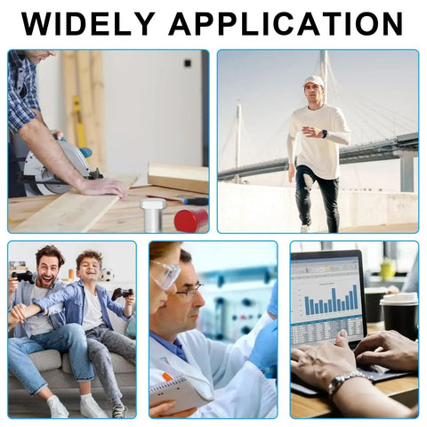 Image of various activities: woodworking, jogging, family leisure, lab work, data analysis, highlighting versatile use of Four Pack Clear Safety Glasses Anti Fog Nursing Goggles Anti Scratch Square Protective Eyewear With No Sweat Side Shields And Cleaning Cloth For Women Men Lab Work And Everyday Use.